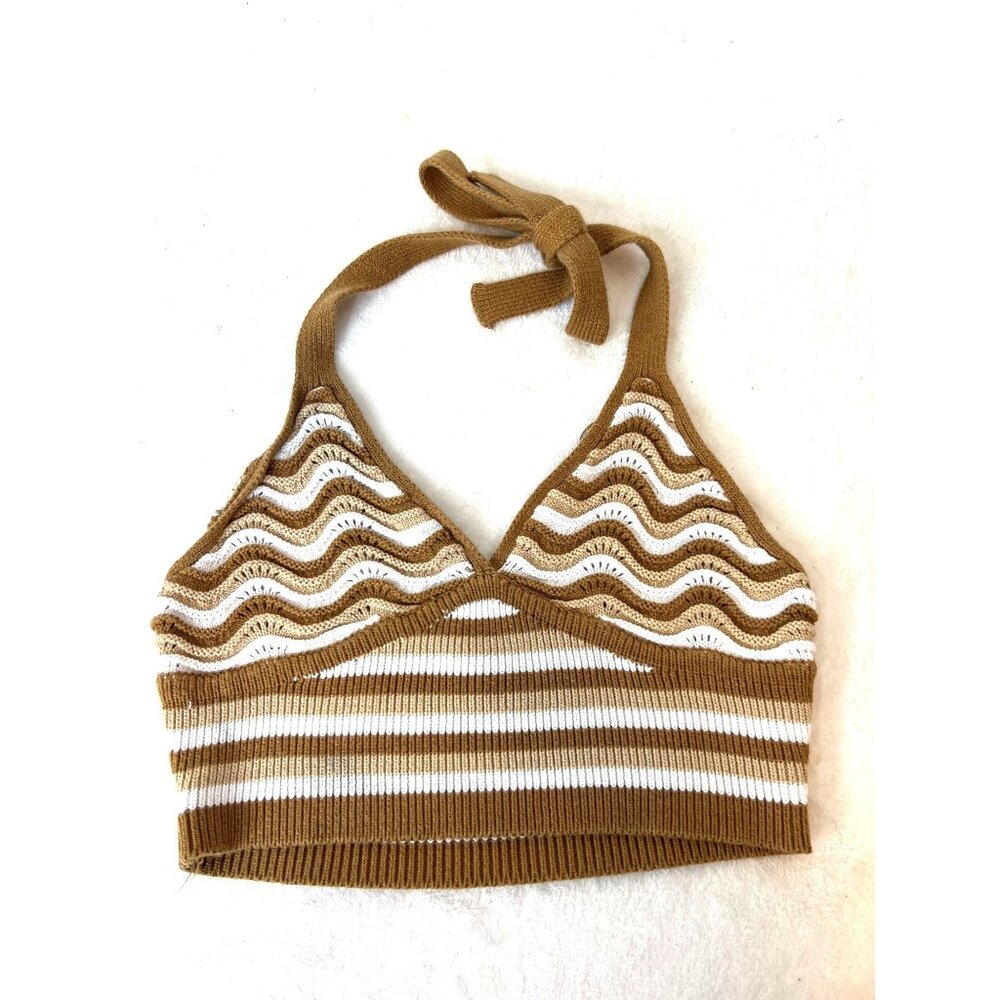 No Boundaries Crochet Halter Crop Top Brown S Boho Festival Knit Bralette Y2K - Picture 1 of 5